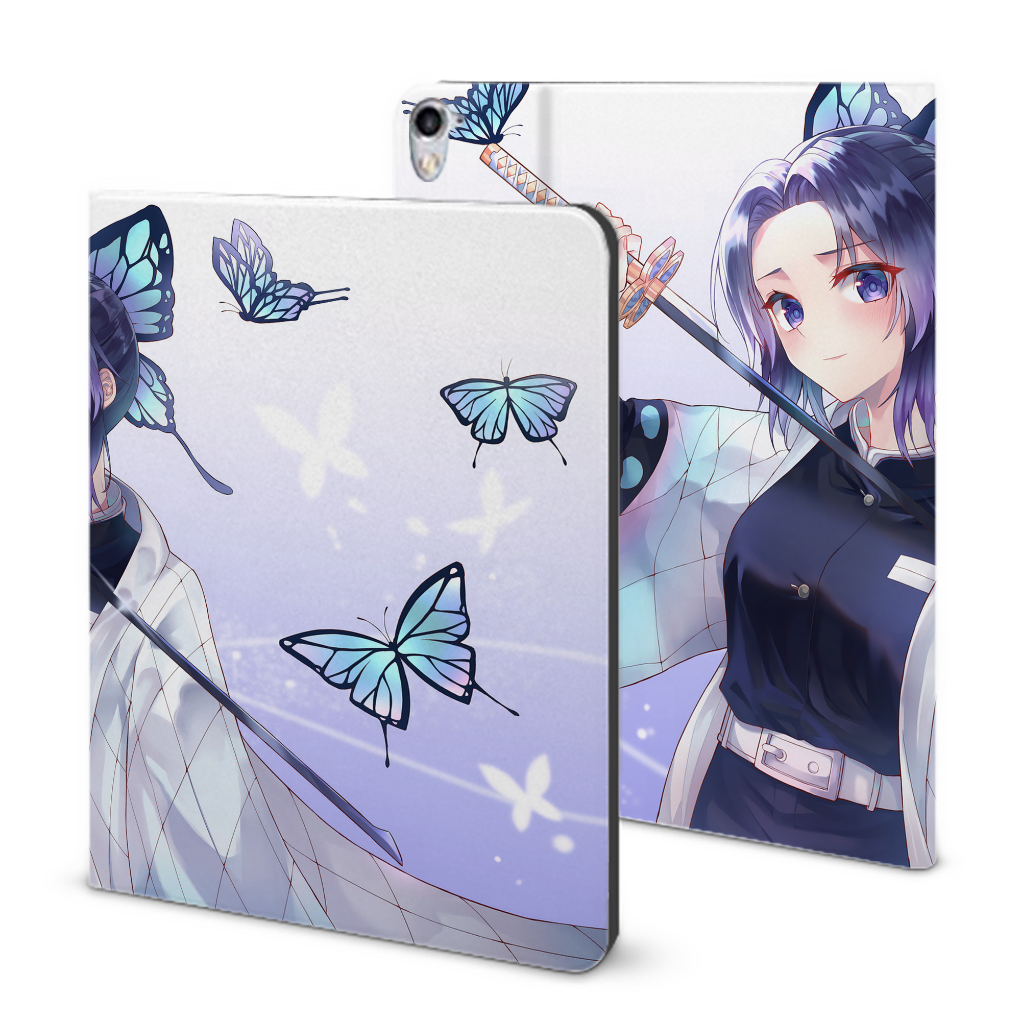 （画像用） 鬼滅の刃（きめつのやいば）蟲柱-胡蝶 しのぶ／こちょう しのぶ Kochou Shinobu IPad ケース ブック型 PUレザー TPU 耐衝撃 軽量 薄型 ペン収納なし 全面保護 IPad 各モデル対応